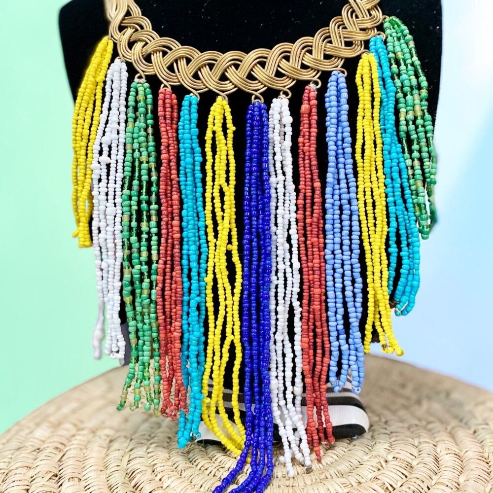Kenyan Artisan Brass Bib Necklace Multi Color Glass Seed Bead Fringe Statement - Picture 5 of 5
